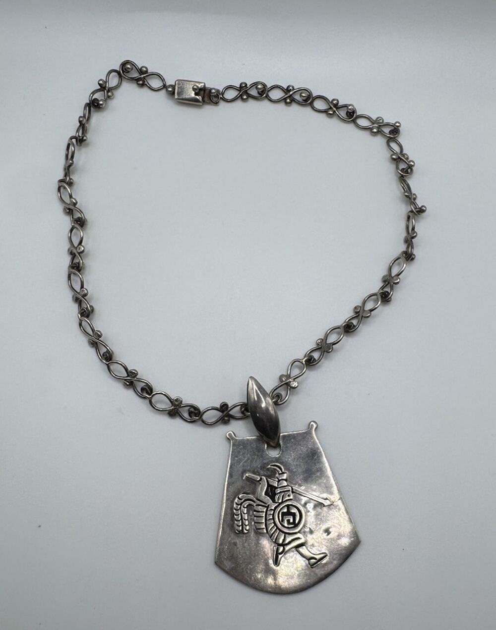 Modernist Mexico Sterling Silver 925 Aztec Tribal Necklace Eagle Warrior Mcm 40s